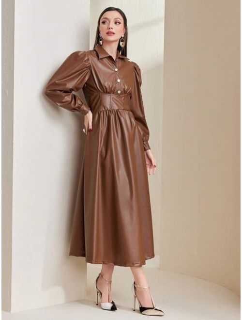 SHEIN Mulvari Lantern Sleeve PU Leather Shirt Dress