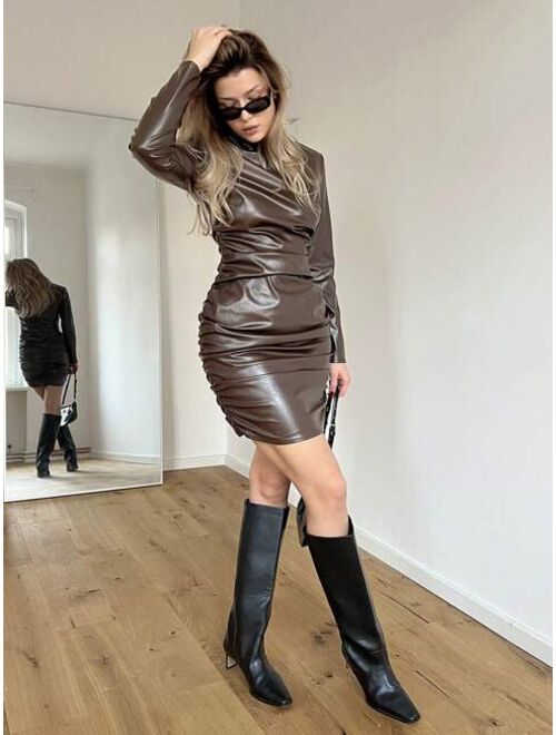 SHEIN Essnce Mock Neck Ruched Side PU Leather Bodycon Dress