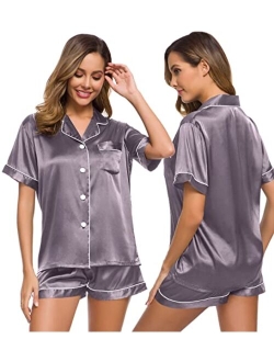 SWOMOG Womens Silk Satin Pajamas Set Two-piece Pj Sets Sleepwear Loungewear Button-Down Pj Sets