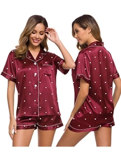 SWOMOG Womens Silk Satin Pajamas Set Two-piece Pj Sets Sleepwear Loungewear Button-Down Pj Sets