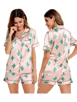 SWOMOG Womens Silk Satin Pajamas Set Two-piece Pj Sets Sleepwear Loungewear Button-Down Pj Sets