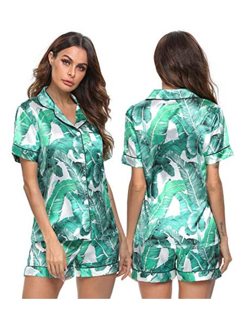 SWOMOG Womens Silk Satin Pajamas Set Two-piece Pj Sets Sleepwear Loungewear Button-Down Pj Sets