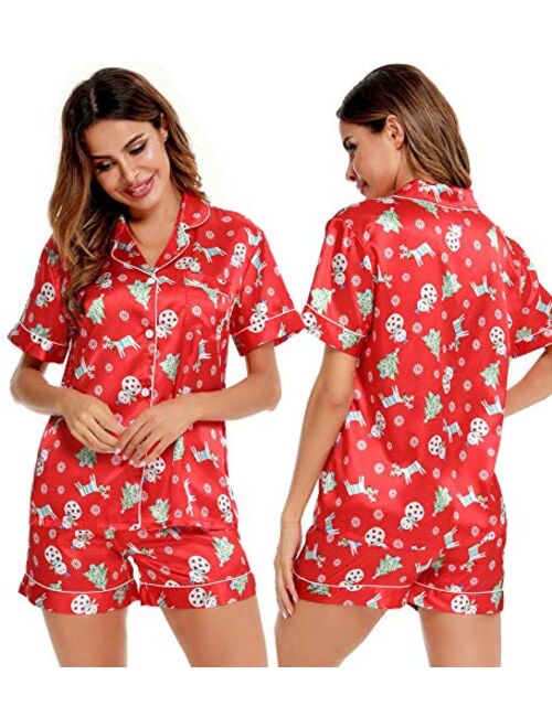 SWOMOG Womens Silk Satin Pajamas Set Two-piece Pj Sets Sleepwear Loungewear Button-Down Pj Sets