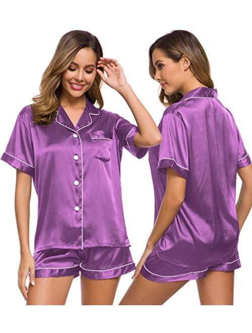 SWOMOG Womens Silk Satin Pajamas Set Two-piece Pj Sets Sleepwear Loungewear Button-Down Pj Sets