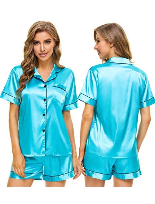 SWOMOG Womens Silk Satin Pajamas Set Two-piece Pj Sets Sleepwear Loungewear Button-Down Pj Sets