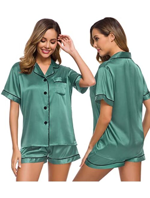 SWOMOG Womens Silk Satin Pajamas Set Two-piece Pj Sets Sleepwear Loungewear Button-Down Pj Sets