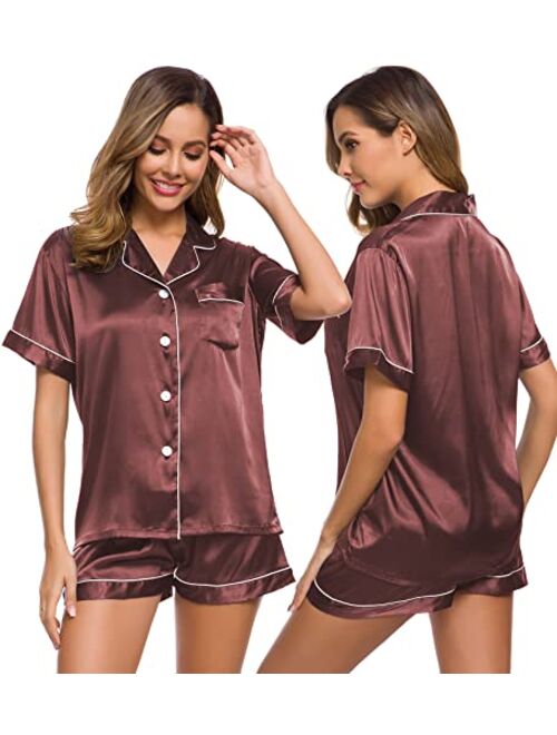 SWOMOG Womens Silk Satin Pajamas Set Two-piece Pj Sets Sleepwear Loungewear Button-Down Pj Sets