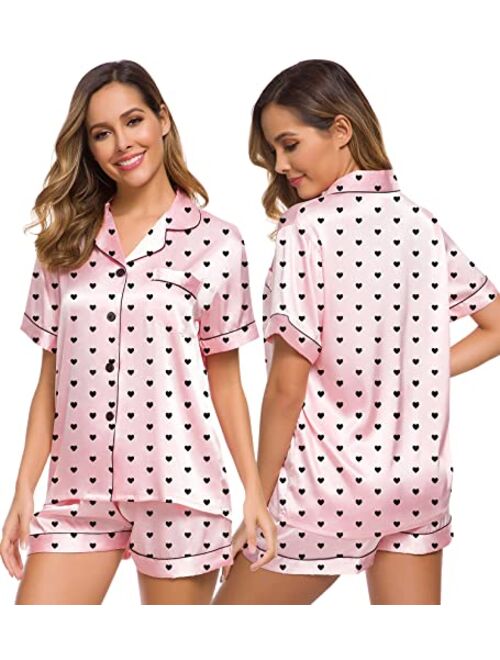 SWOMOG Womens Silk Satin Pajamas Set Two-piece Pj Sets Sleepwear Loungewear Button-Down Pj Sets