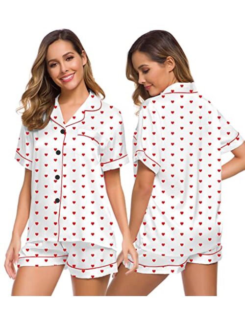 SWOMOG Womens Silk Satin Pajamas Set Two-piece Pj Sets Sleepwear Loungewear Button-Down Pj Sets