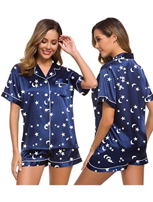 SWOMOG Womens Silk Satin Pajamas Set Two-piece Pj Sets Sleepwear Loungewear Button-Down Pj Sets