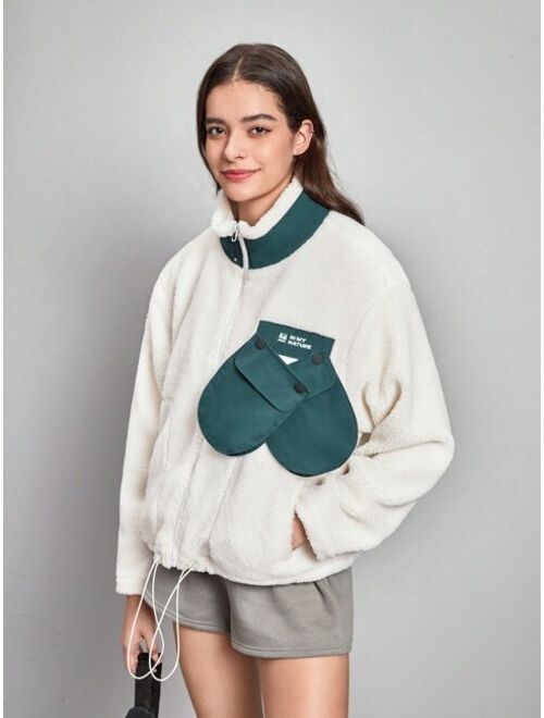 In My Nature Letter Graphic Flap Pocket Drawstring Hem Fleece Coat