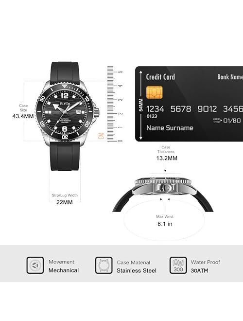 FIYTA Yachtsman Men's Diver Watch, Automatic Stainless Steel Watches for Men, 300M Water Resistant, 3-Hand Date, Luminous, Rotating Bezel, 43.4mm