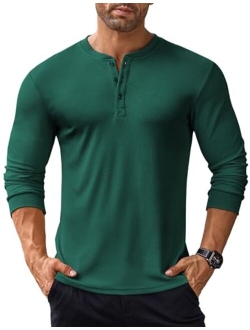 Men's Long Sleeve Henley Shirts Stretch Ribbed T-Shirts Fashion Casual Basic Tops