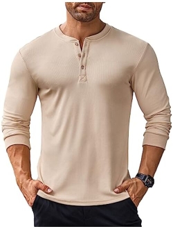 Men's Long Sleeve Henley Shirts Stretch Ribbed T-Shirts Fashion Casual Basic Tops