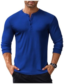 Men's Long Sleeve Henley Shirts Stretch Ribbed T-Shirts Fashion Casual Basic Tops