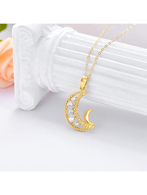 SISGEM Real Gold Moon Necklace for Women Girls,14K Yellow Gold Crescent Moon Pendant Necklace Celestial Fine Jewelry Gifts for Birthday Christmas 16+1+1 inch