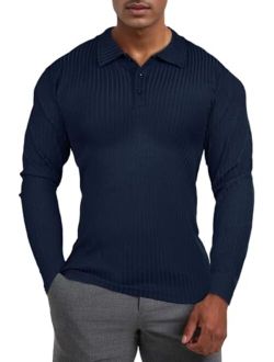 Mens Long Sleeve Polo Shirts with Collar Slim Fit Muscle Fitted Polo for Men Ribbed