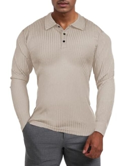 Mens Long Sleeve Polo Shirts with Collar Slim Fit Muscle Fitted Polo for Men Ribbed