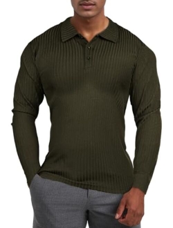 Mens Long Sleeve Polo Shirts with Collar Slim Fit Muscle Fitted Polo for Men Ribbed