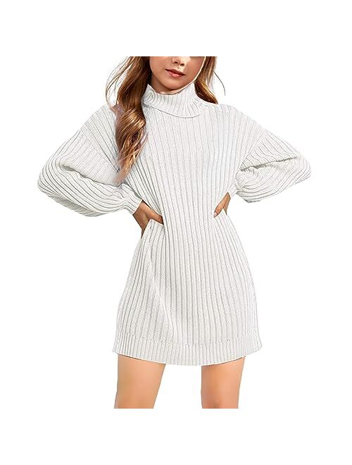 Virmoku Girls Oversized Sweater Dress Turtleneck Batwing Sleeve Winter Long Kids Casual Sweaters for Girls Dresses