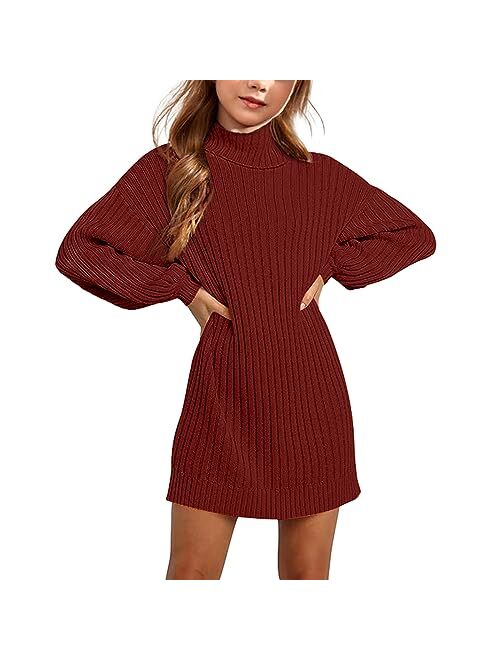 Virmoku Girls Oversized Sweater Dress Turtleneck Batwing Sleeve Winter Long Kids Casual Sweaters for Girls Dresses