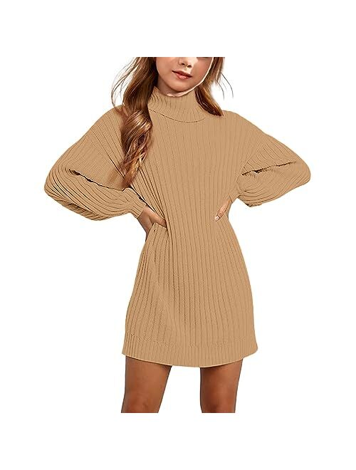 Virmoku Girls Oversized Sweater Dress Turtleneck Batwing Sleeve Winter Long Kids Casual Sweaters for Girls Dresses