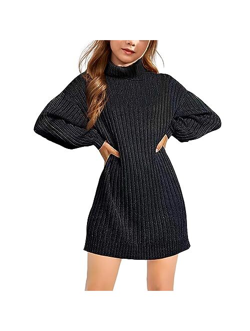 Virmoku Girls Oversized Sweater Dress Turtleneck Batwing Sleeve Winter Long Kids Casual Sweaters for Girls Dresses