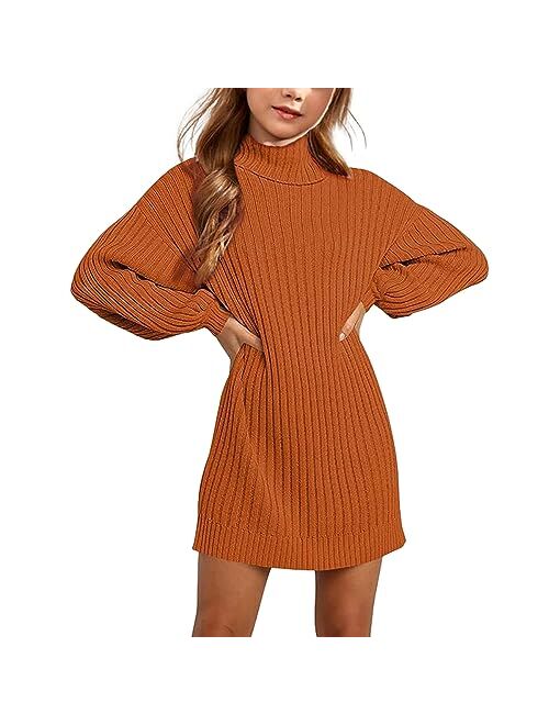 Virmoku Girls Oversized Sweater Dress Turtleneck Batwing Sleeve Winter Long Kids Casual Sweaters for Girls Dresses