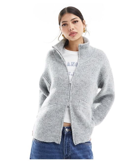 Pull&Bear soft touch zip through knit sweater in gray