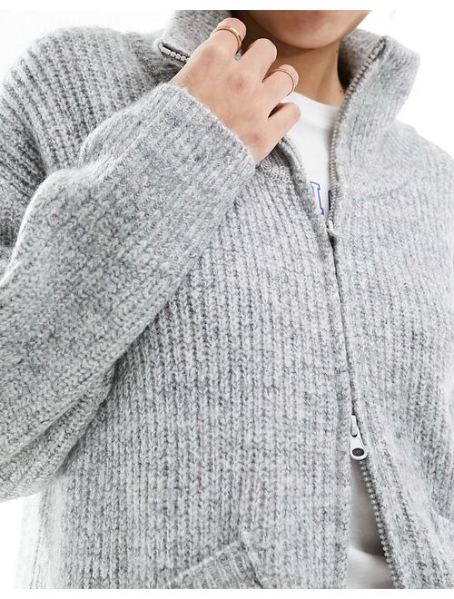 Pull&Bear soft touch zip through knit sweater in gray