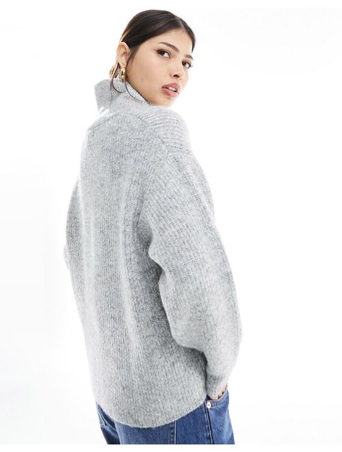 Pull&Bear soft touch zip through knit sweater in gray