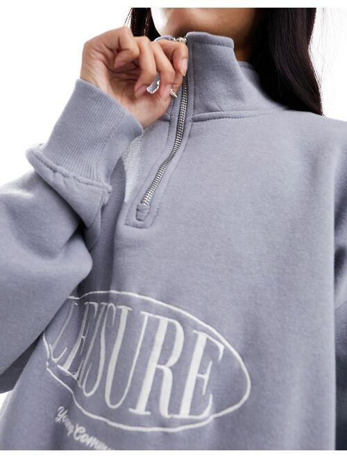 Pull&Bear 'Leisure' graphic half zip sweater in washed blue