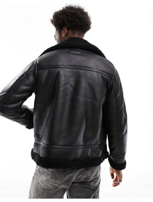 Pull&Bear faux leather aviator jacket with shearling lining in black