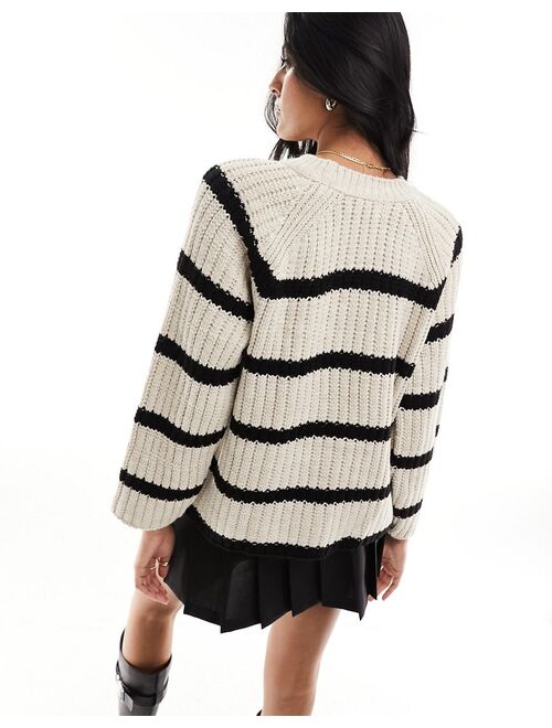 Pull&Bear textured waffle knit sweater in ecru stripe