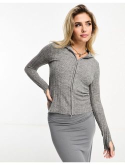 ribbed zip through knitted hoodie in dark gray