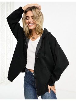 zip through oversized hoodie in black