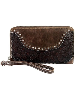 Ladies Wristlet Wallet 2-in-1 Western Tooled Genuine Leather Zippered Enclosure