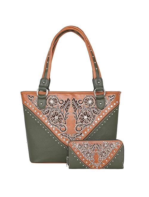 Montana West American Bling Western Tote Bag for Women Whipstitch Shoulder Bag with Studs Handbag with Wallet Set