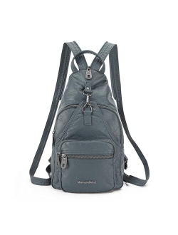 Small Leather Backpack for Women Black Sling Bag Shoulder Purse with Vegan Leather One Shoulder Backpack for Hiking Travel MWC-215BK