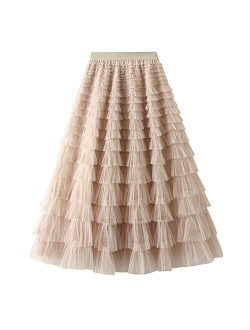 Dirholl Women's A-Line Fairy Elastic Waist Tulle Midi Skirt