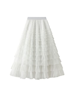 Dirholl Women's A-Line Fairy Elastic Waist Tulle Midi Skirt