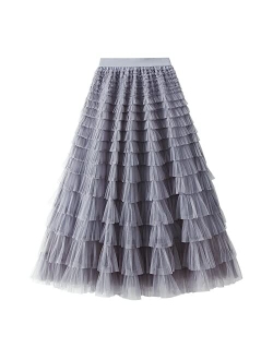 Dirholl Women's A-Line Fairy Elastic Waist Tulle Midi Skirt