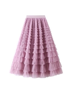 Dirholl Women's A-Line Fairy Elastic Waist Tulle Midi Skirt