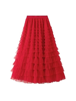 Dirholl Women's A-Line Fairy Elastic Waist Tulle Midi Skirt