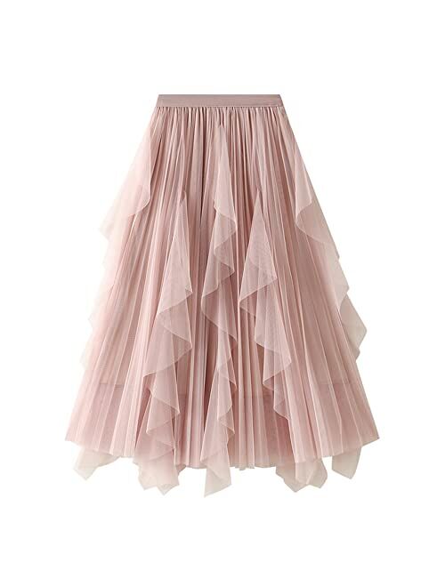 Dirholl Women's A-Line Fairy Elastic Waist Tulle Midi Skirt