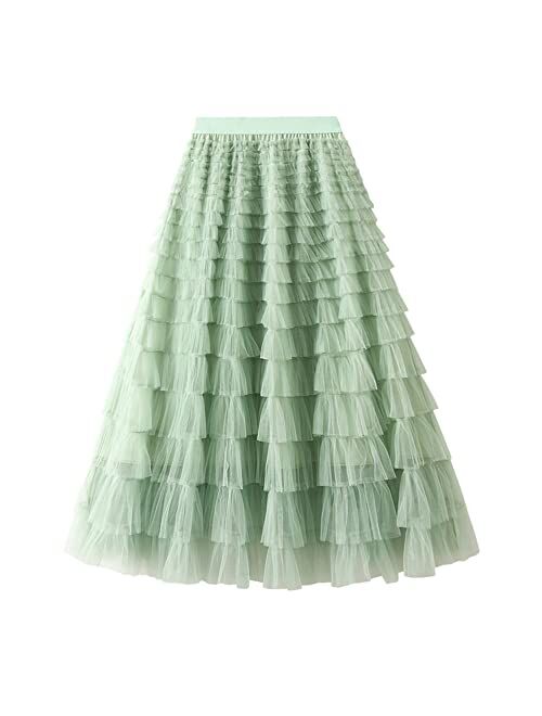 Dirholl Women's A-Line Fairy Elastic Waist Tulle Midi Skirt