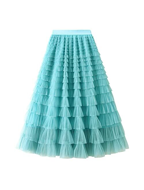 Dirholl Women's A-Line Fairy Elastic Waist Tulle Midi Skirt