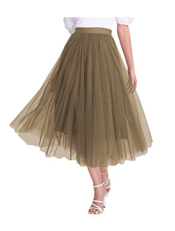 Mliyasan Womens Tulle Skirts Midi Elastic High Waist Pleated Mesh Flowy A-Line Party Long Tutu Skirts