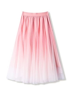 Mliyasan Womens Tulle Skirts Midi Elastic High Waist Pleated Mesh Flowy A-Line Party Long Tutu Skirts