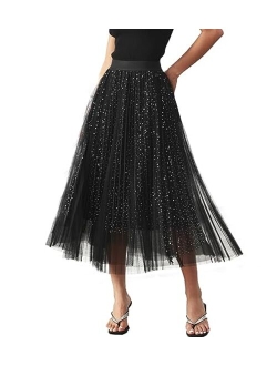 Mliyasan Womens Tulle Skirts Midi Elastic High Waist Pleated Mesh Flowy A-Line Party Long Tutu Skirts